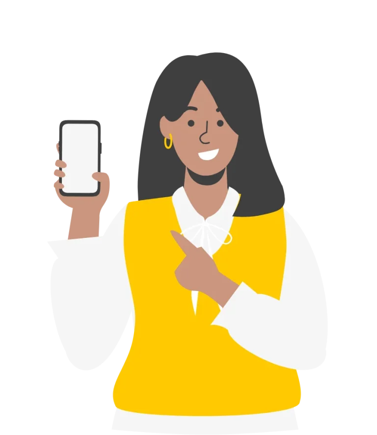 Cartoon woman in yellow vest and white shirt holding a smartphone and giving thumbs up