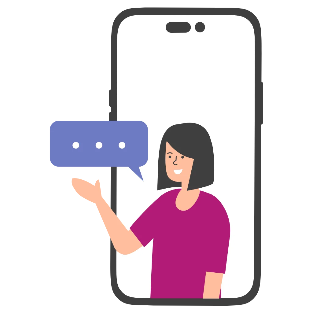 Smartphone outline with a person inside, gesturing with a purple speech bubble