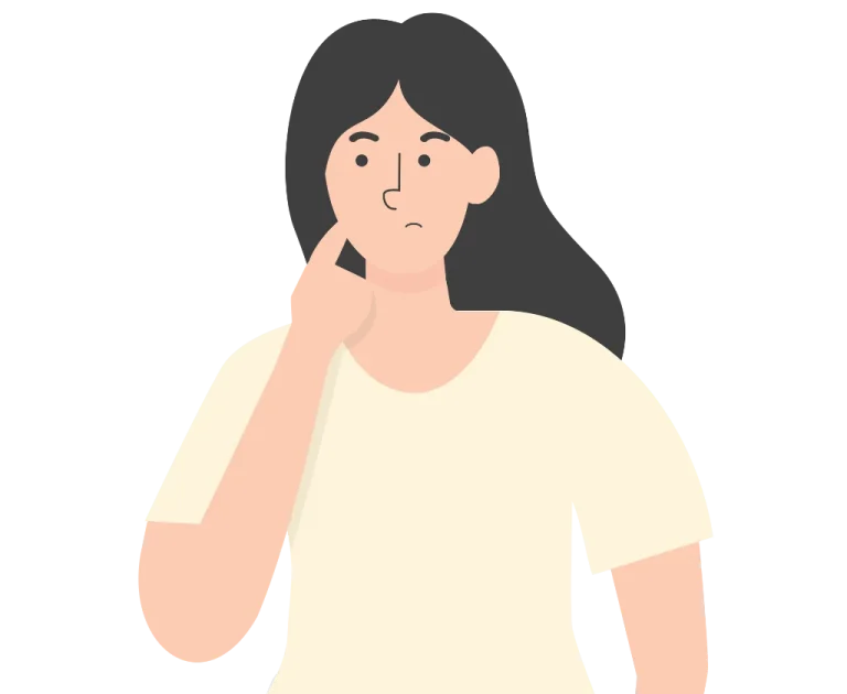 Concerned-looking cartoon woman with hand on chin