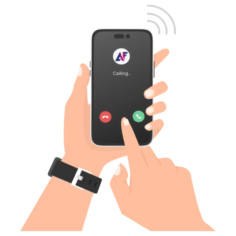 Illustration of hands holding a smartphone with the LearnFinance logo on screen, indicating the use of WhatsApp for learning