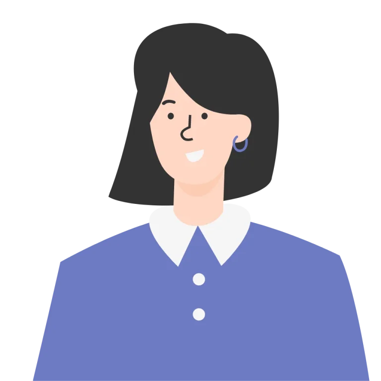 Cartoon woman with dark hair in blue shirt smiling