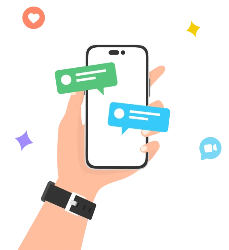 Hand holding a smartphone with colorful chat bubbles and icons, representing the complexities of preparing for investment banking interviews