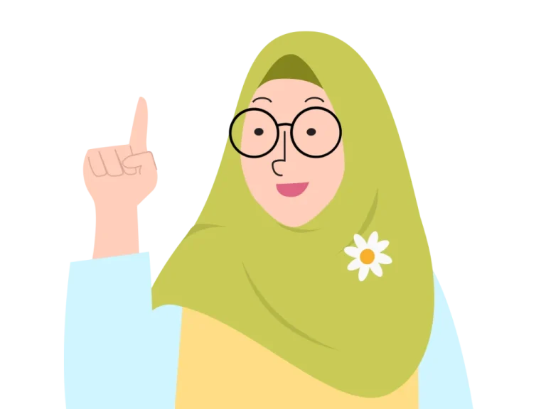 Cartoon woman wearing hijab with raised index finger