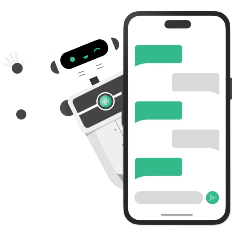 Cartoon robot waving next to a smartphone displaying chat messages